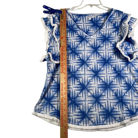 Chico's Top Womens 2 (14/16) L Amparo Blue Linen Flutter Sleeve Geometric NEW - Picture 5 of 11